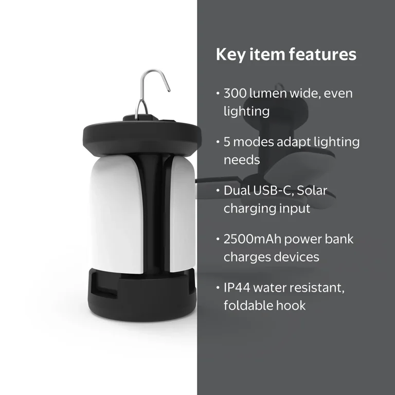 Roamcraft™ Solar-Powered 300 Lumen LED Camping Lantern with Power