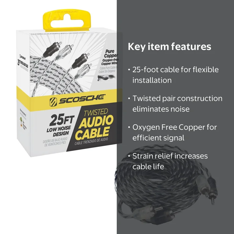 Scosche, Car Stereo Audio Cable, 25 Foot, Twisted RCA Copper