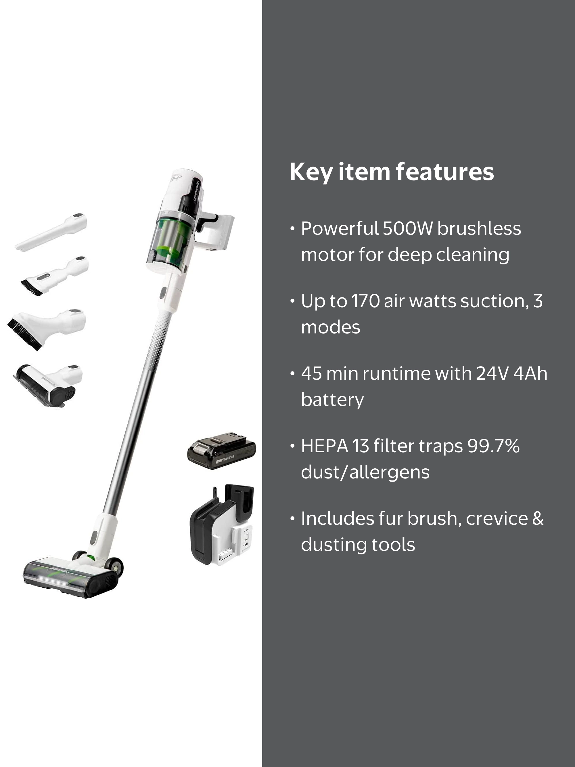 Greenworks, Cordless Stick Vacuum, 24V Deluxe Brushless, White