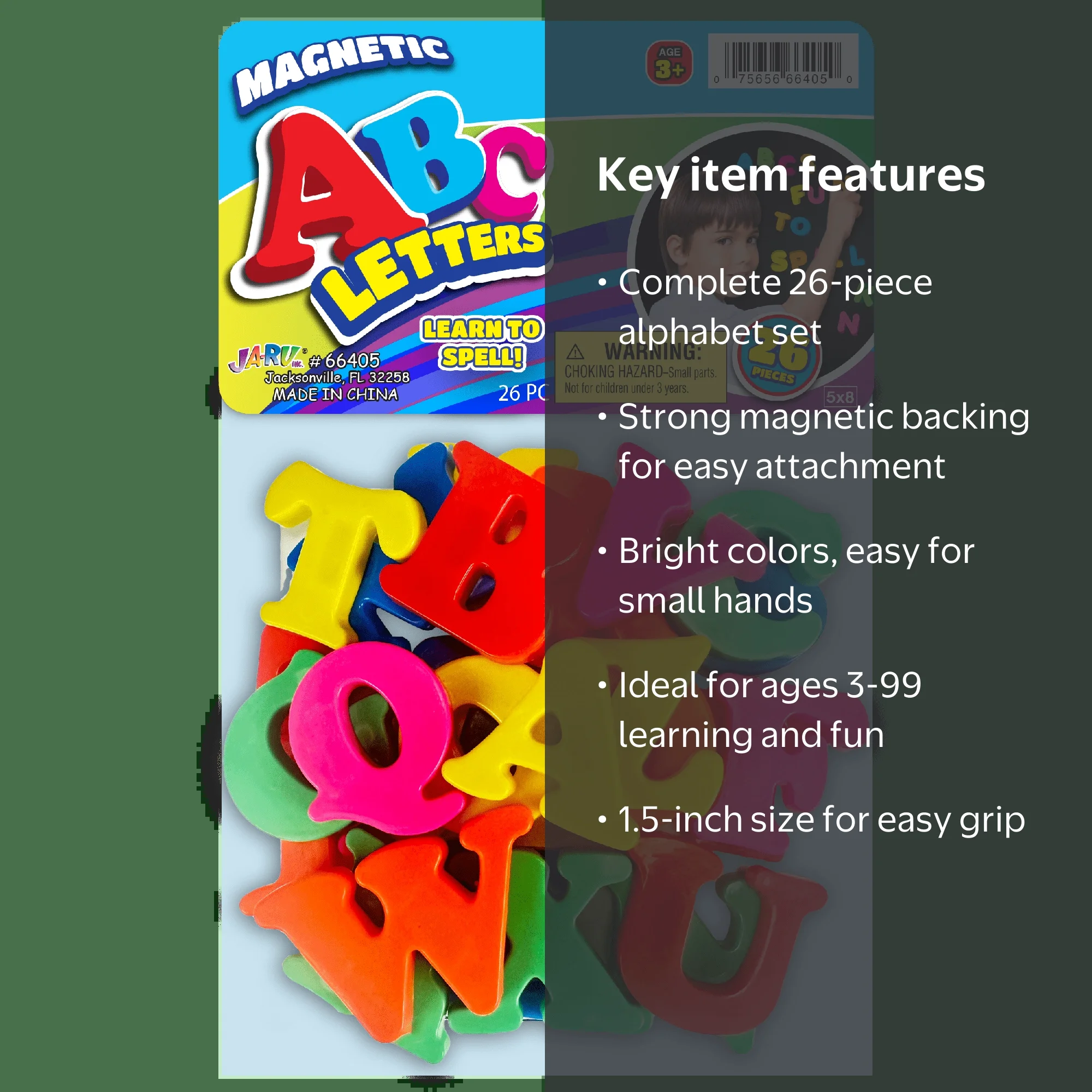 JA-RU ABC's Magnetic Letters or Numbers, 26 Pieces, Multi-Color