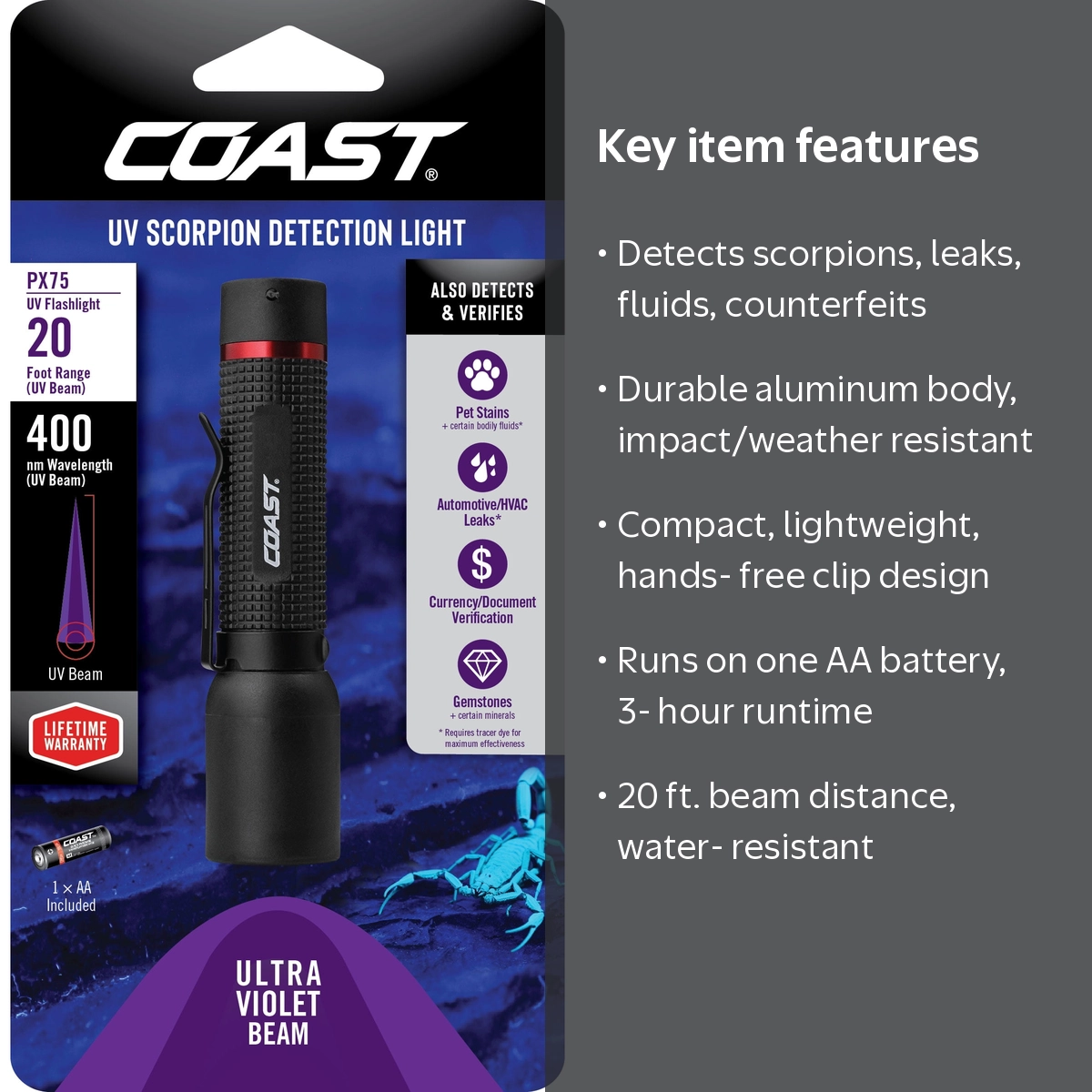 COAST PX75 UV LED Flashlight – 400NM, Pocket Clip, Water-Resistant