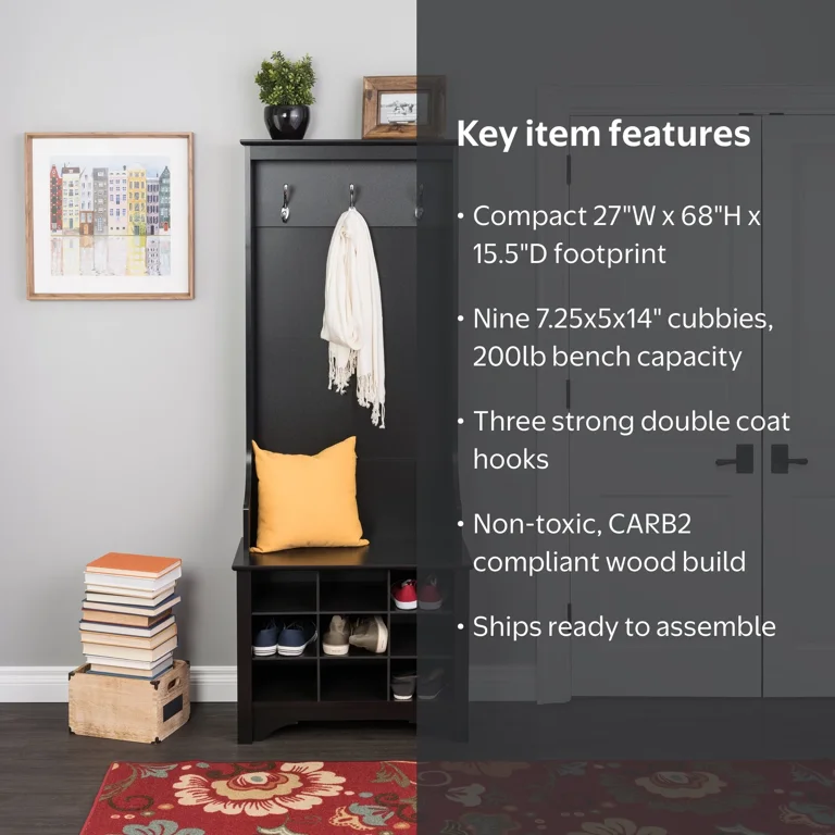 Prepac Black Narrow Hall Tree with Coat Hooks and 9 Shoe Cubbies