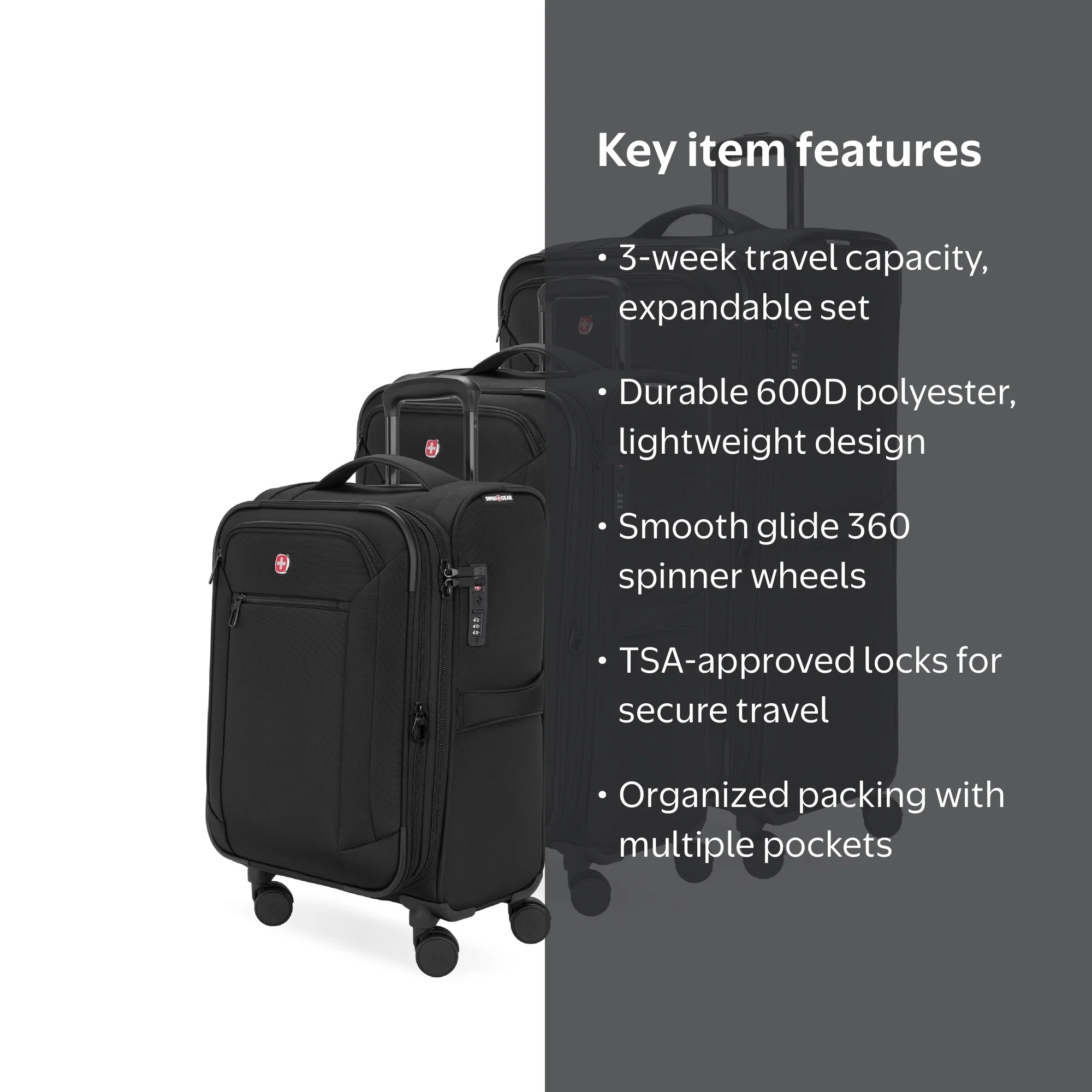 SWISSGEAR Stride 3-Piece Expandable Spinner Luggage Set in Black