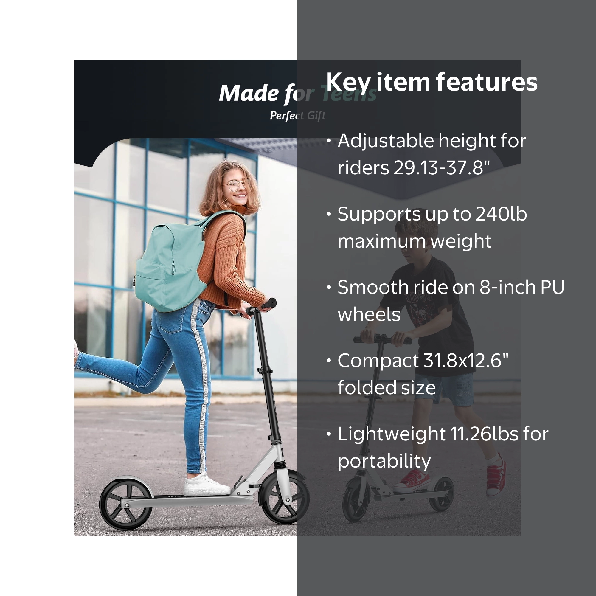 LNOW Foldable Kick Scooter-8 in Big Wheels for Kid, Teens & Adults