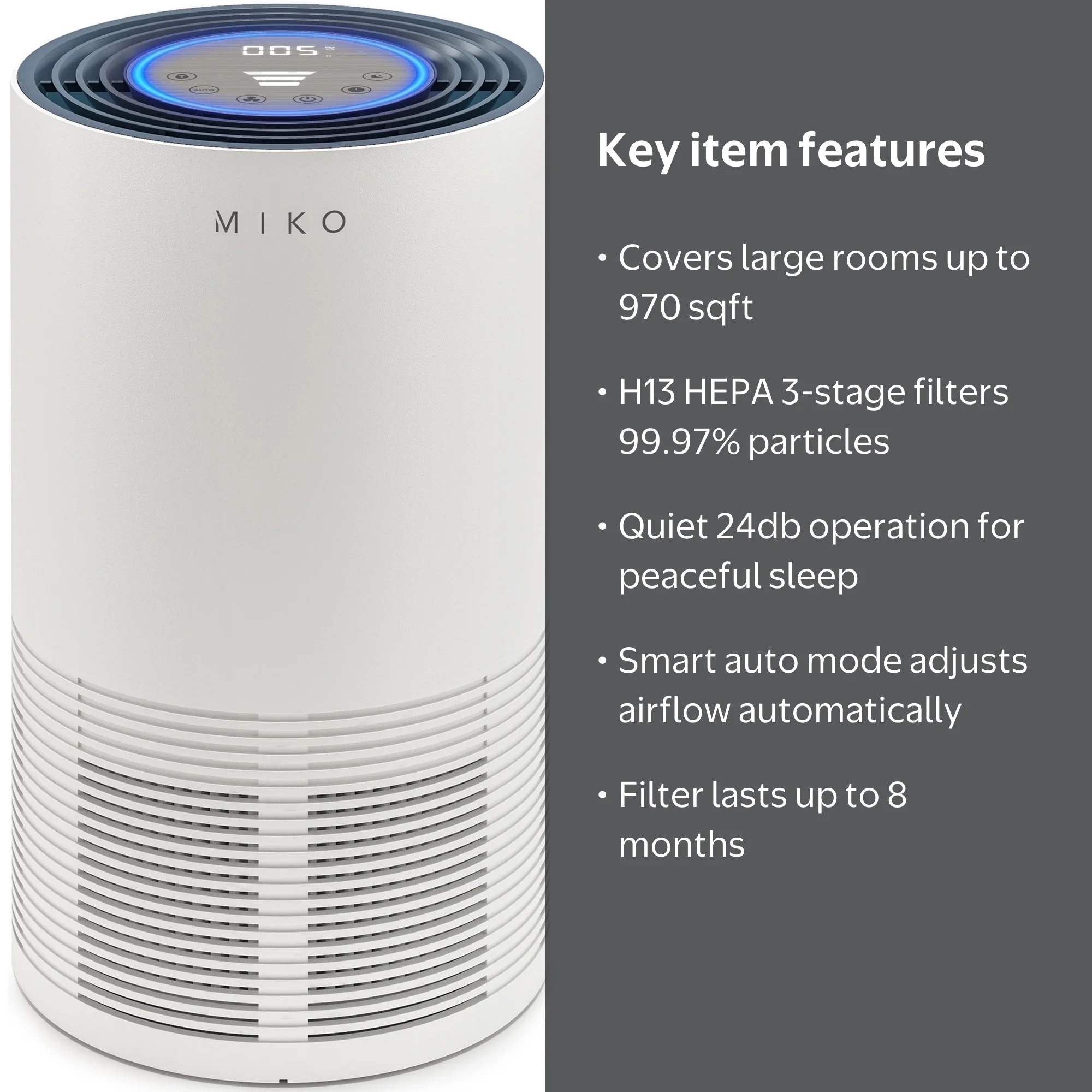 Miko Air Purifier, H13 HEPA Filter, 970 Sqft Coverage, Removes