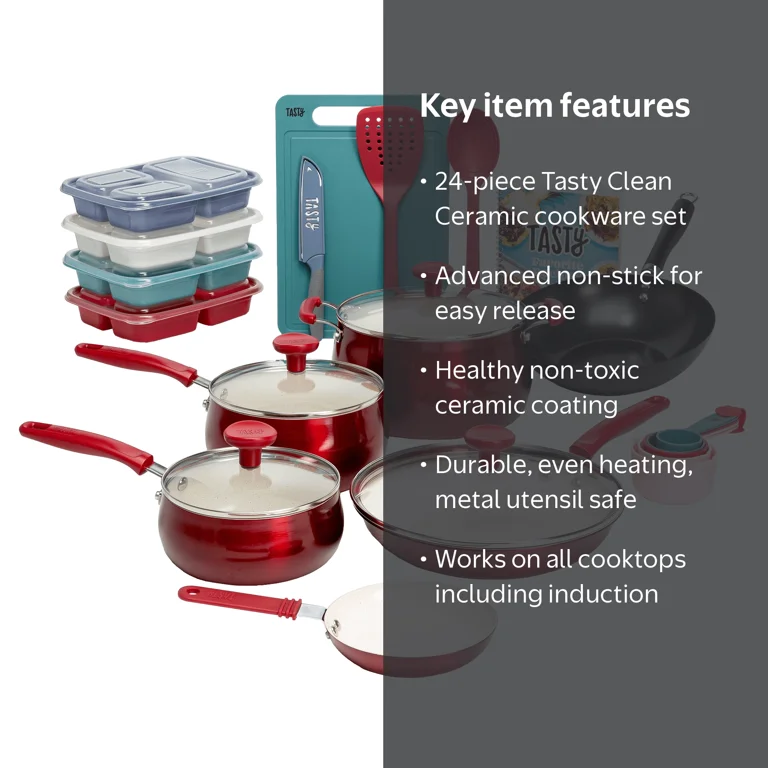 Tasty Clean Ceramic 24 Piece Non-Stick Aluminum Cookware Set, Red