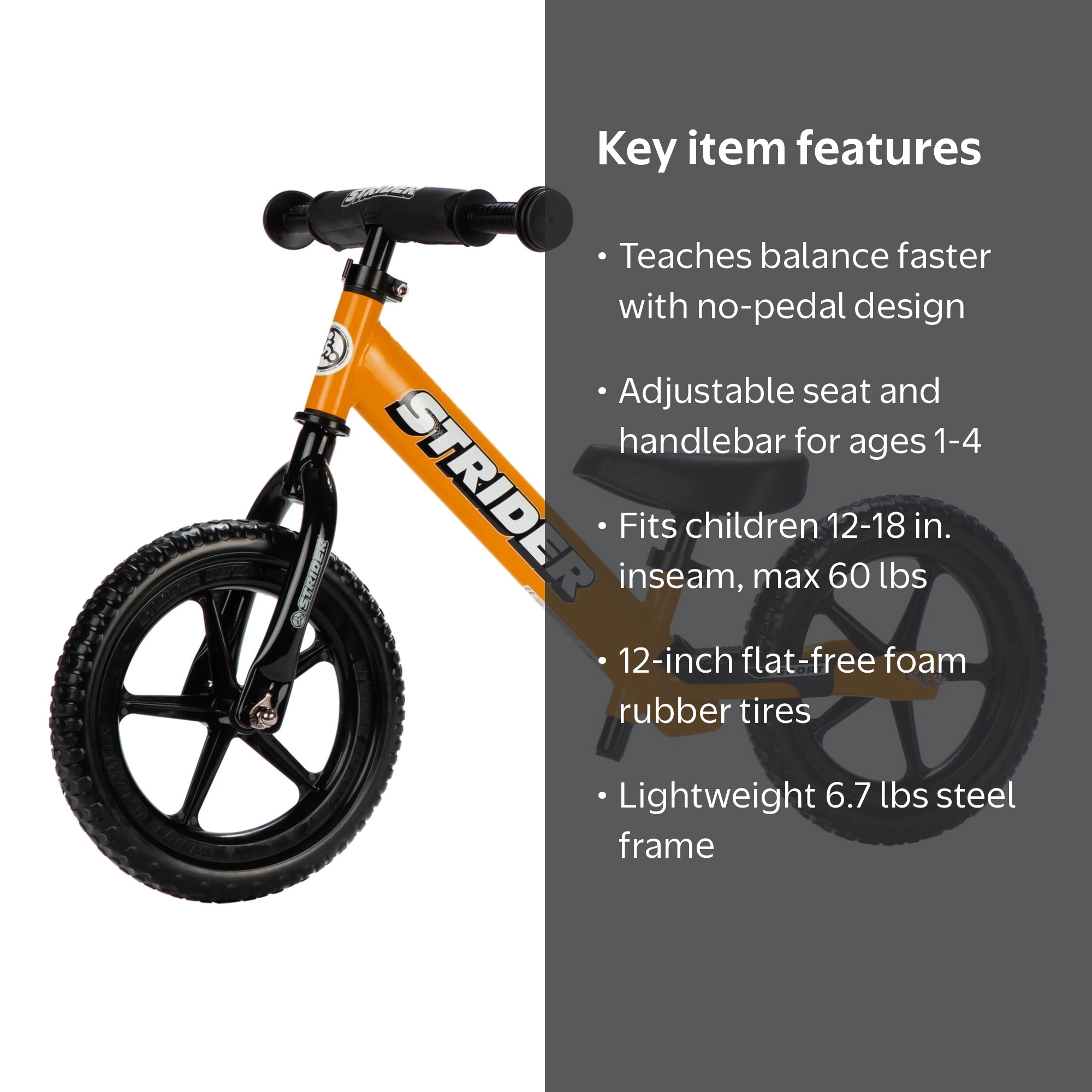 Strider 12 Sport Bike, Orange - Balance Bicycle for Kids 1-4 Years