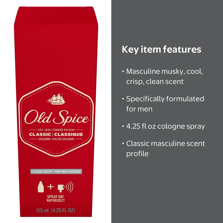 Old Spice, Classic Scent Cologne Spray for Men, Musky and Clean