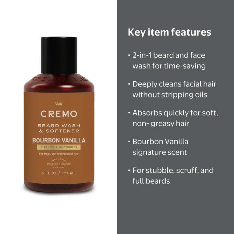 CREMO 2-in-1 Beard Face Wash Bourbon Vanilla Scent 6 fl oz for