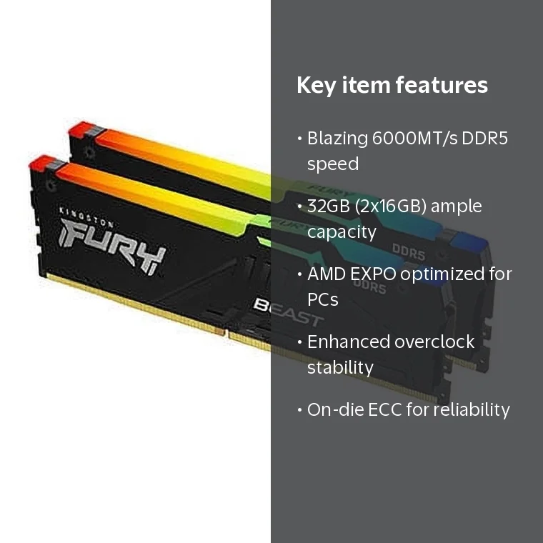 Free Shipping! Kingston DDR5 32GB Kit of 2 6000MTs RGB Memory with