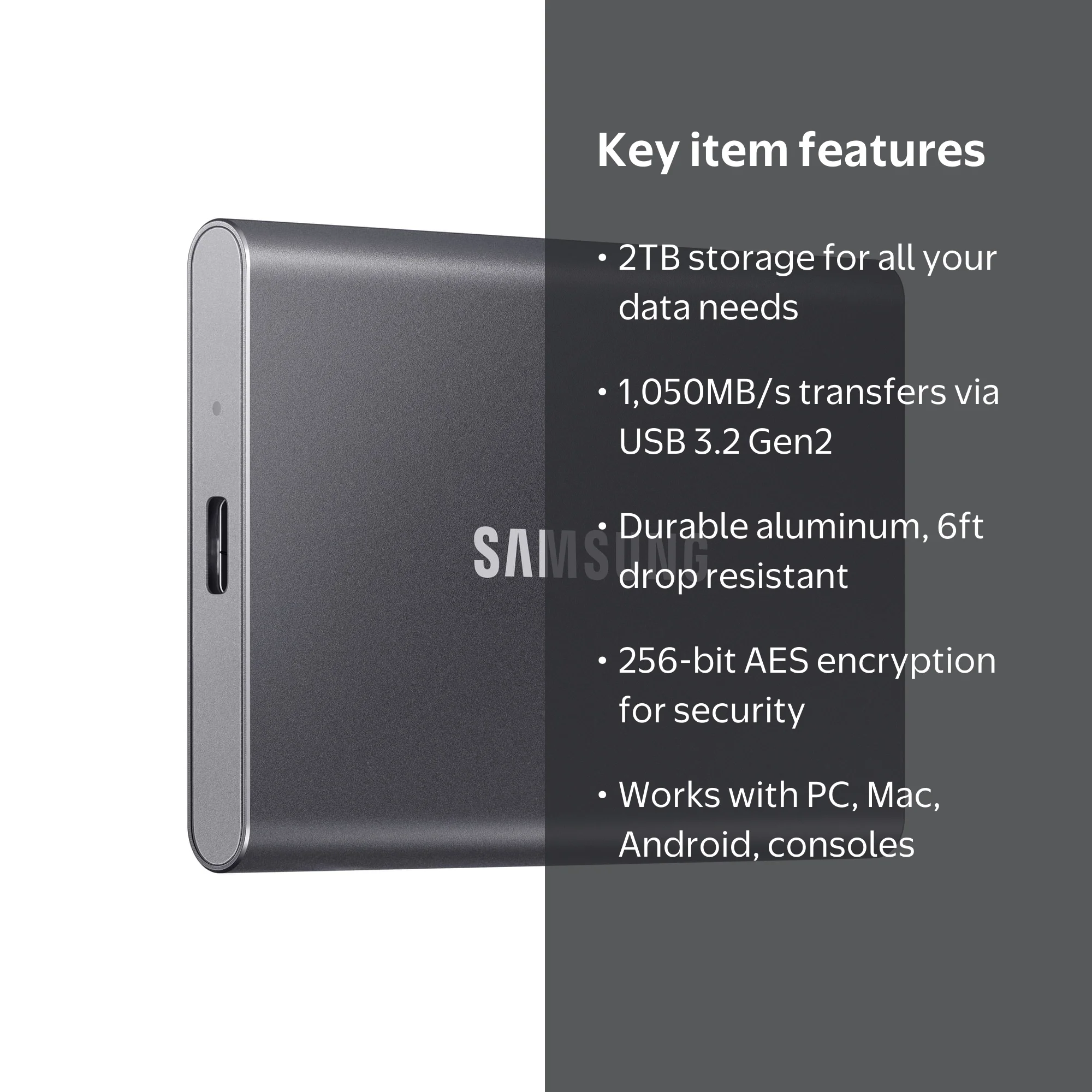 SAMSUNG T7 2TB Portable SSD, USB 3.2 Gen 2, Black MU-PC2T0T/AM
