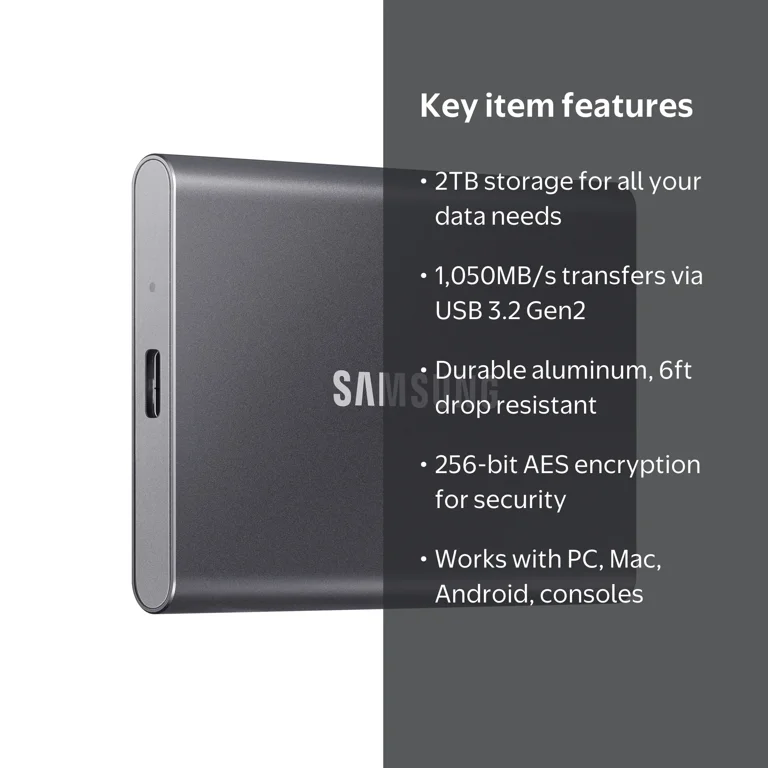 SAMSUNG T7 2TB Portable SSD, USB 3.2 Gen 2, Black MU-PC2T0T/AM
