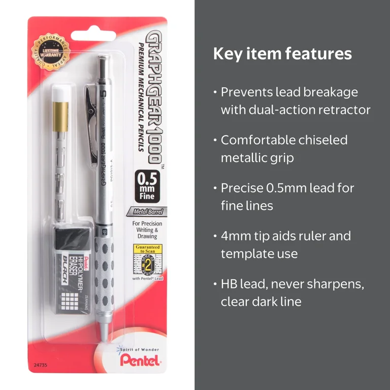 Pentel GraphGear 1000 Drafting Pencil, 0.5 mm, Eraser Refills