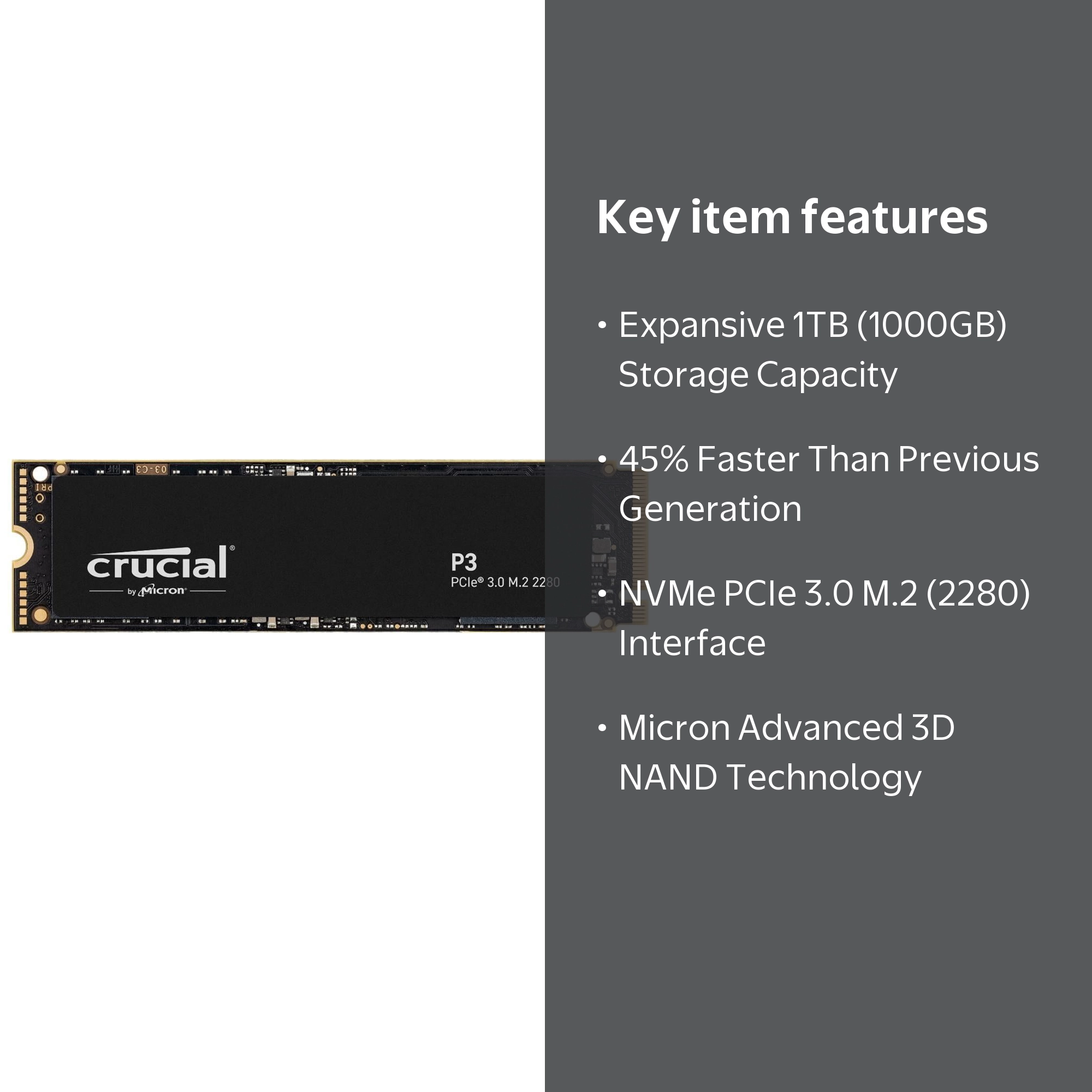 Crucial P3 1TB Internal Solid State Drive, PCIe 3.0 NVMe M.2 SSD