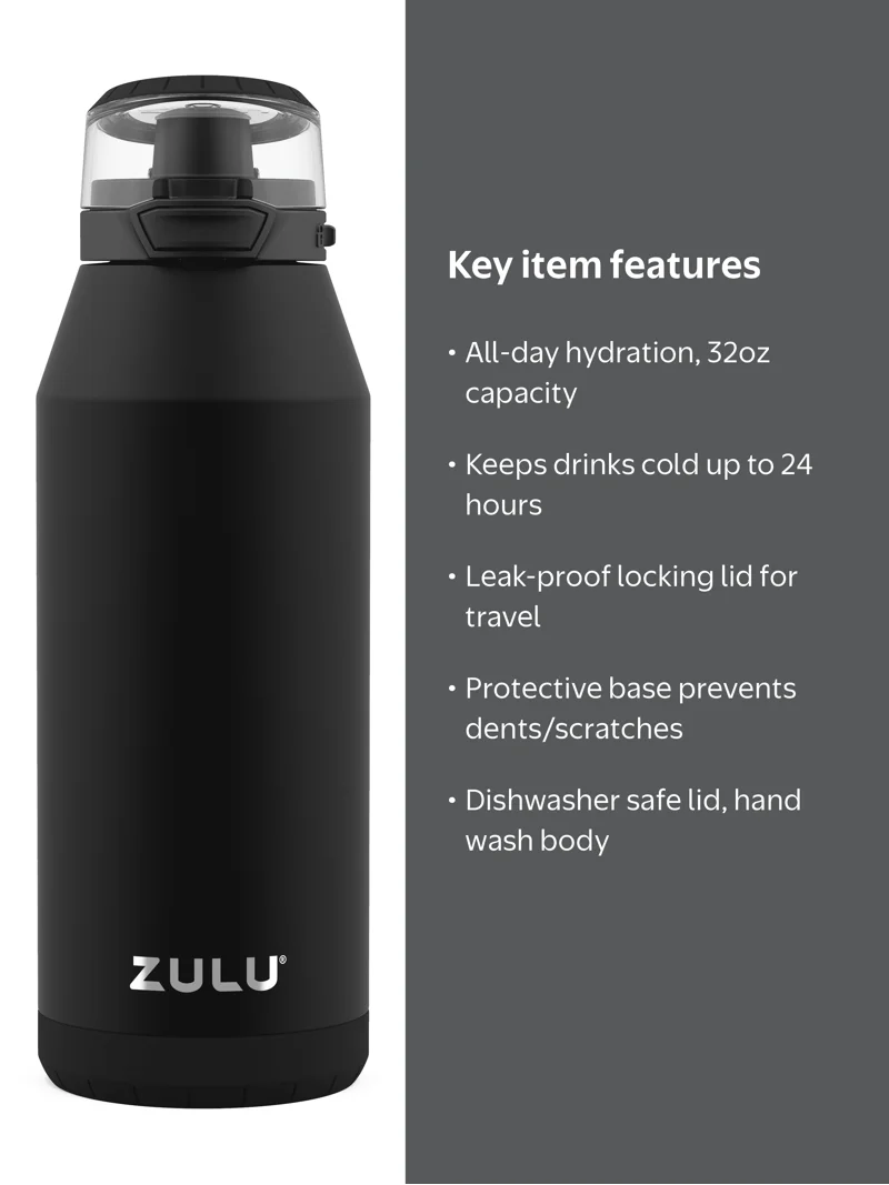 ZULU Swift 32oz Stainless Steel Water Bottle, Black, Locking Lid
