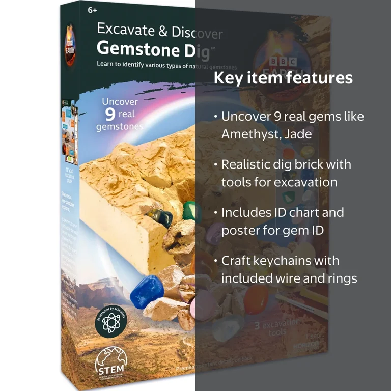 BBC Earth, Gemstone Dig Kit, Ages 6+, Kids STEM Geology Excavation