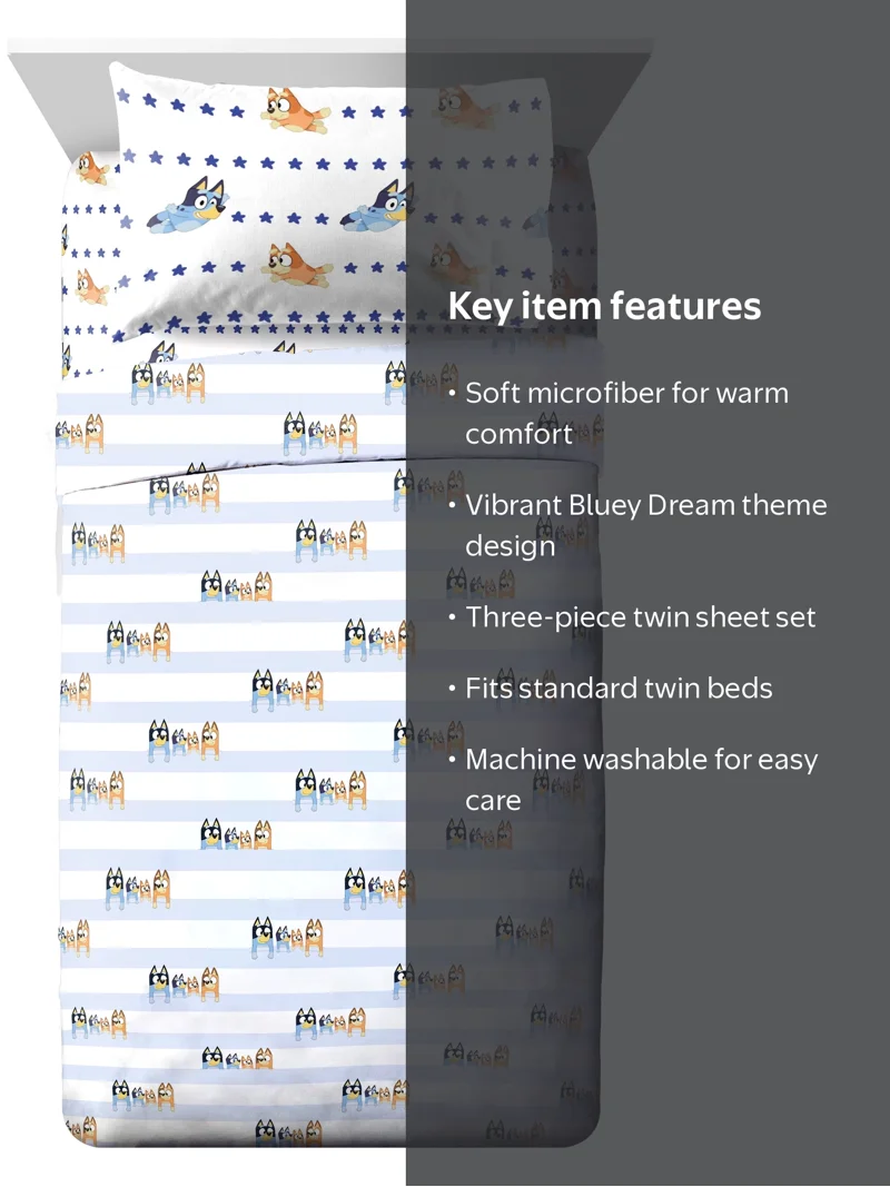 Bluey, Dream Kids 3-Piece Twin Sheet Set, Microfiber, Blue