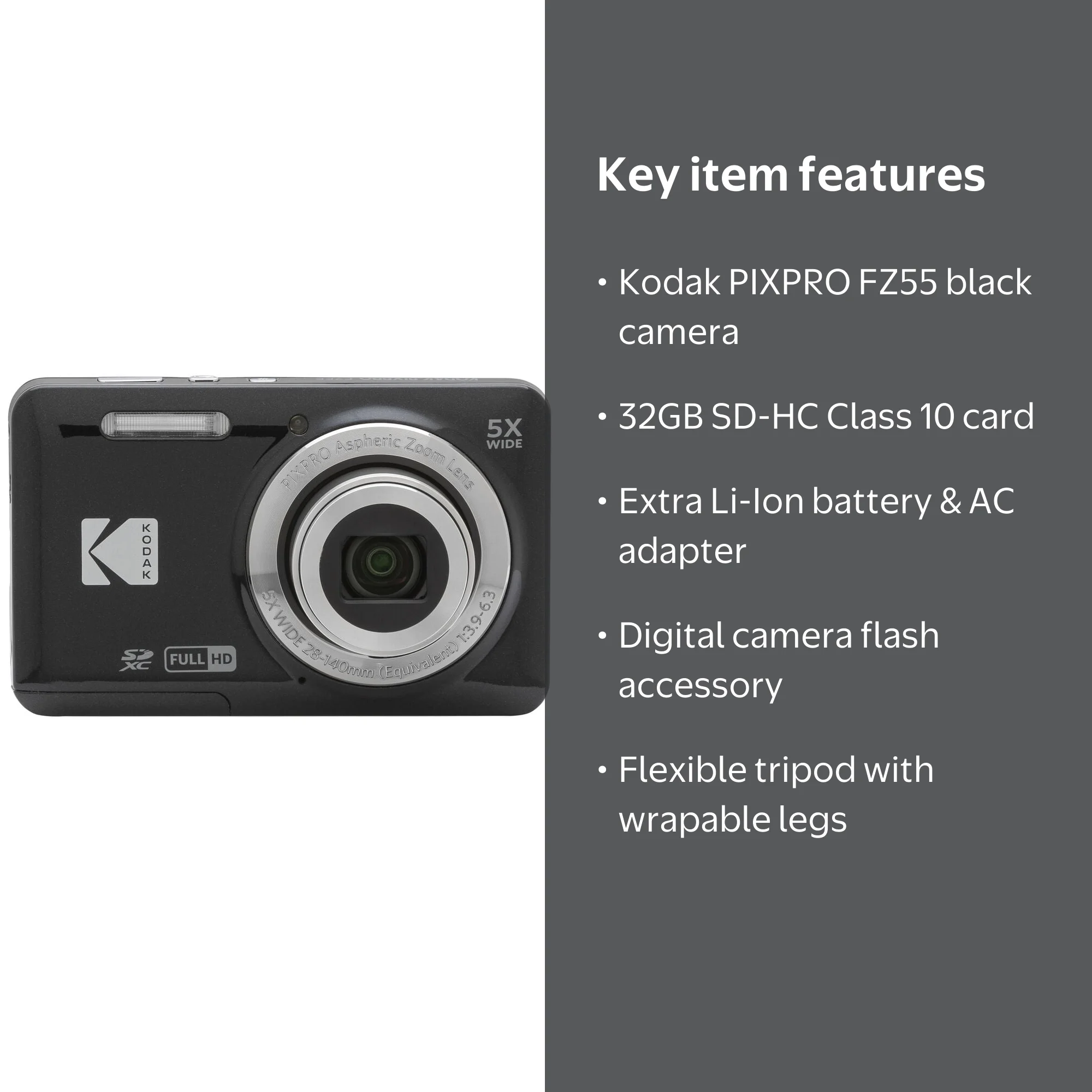 Kodak PIXPRO FZ55 Digital Camera (Black) + Extra Battery + Flash