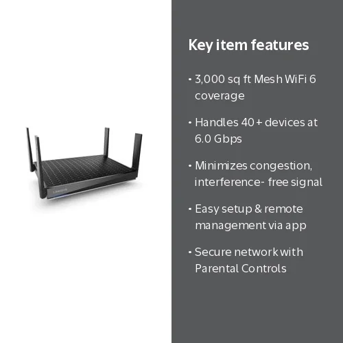 Smart WiFi Router 黒 Linksys, Dual-Band Mesh Wi-Fi 6 Wireless Router, MR9600, Black