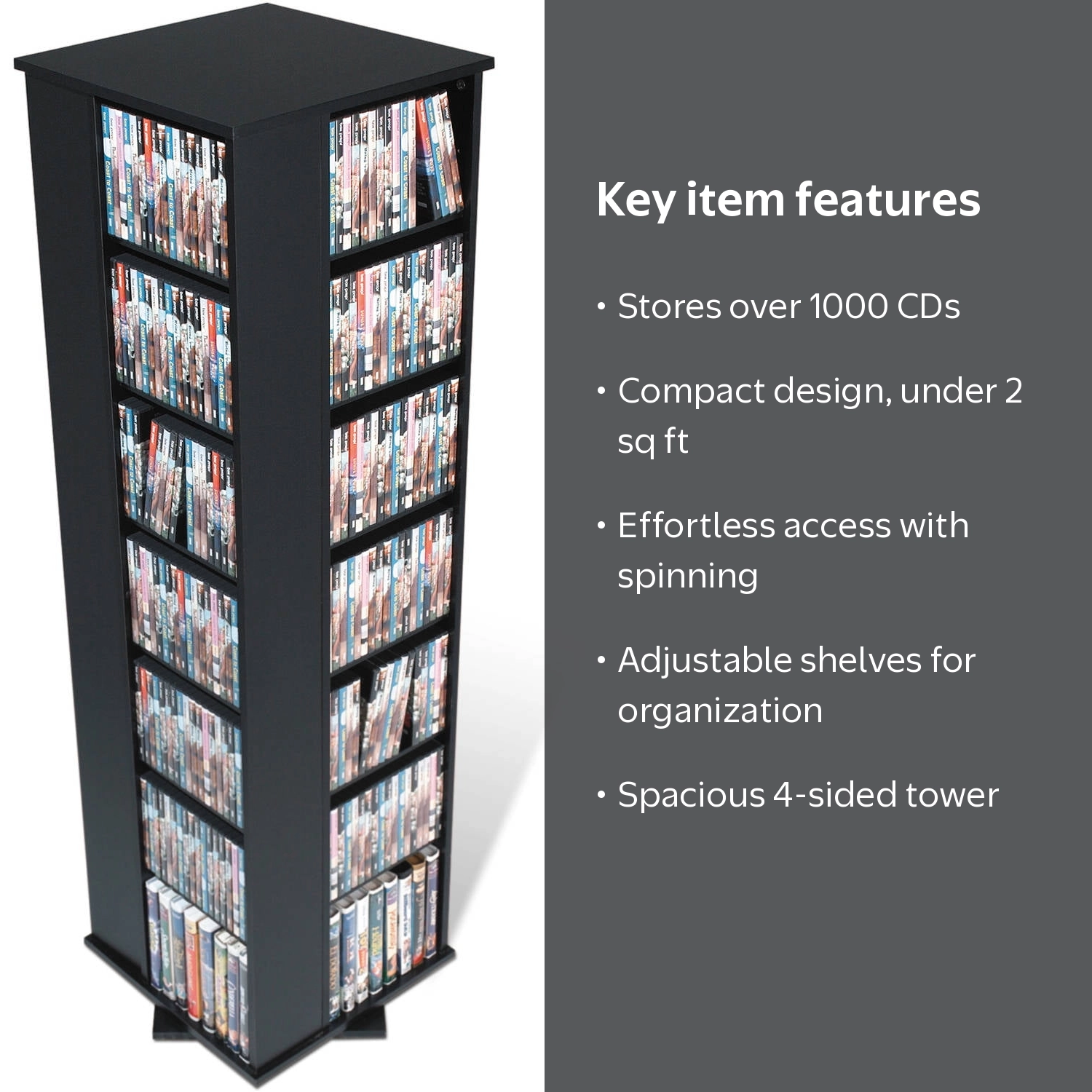 Large 4-Sided Spinning Tower, Black - DVD & CD Rotating Storage