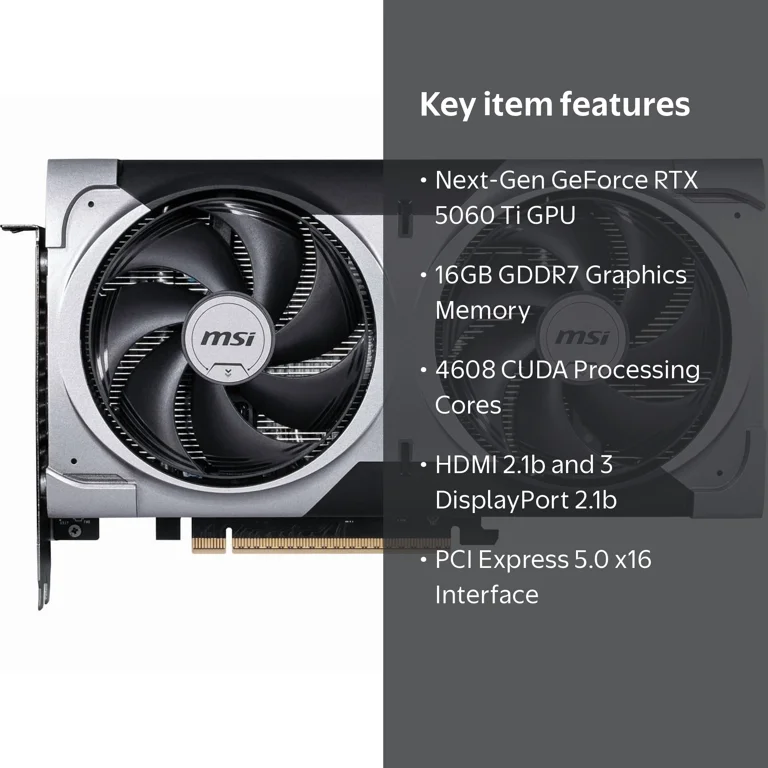 MSI NVIDIA GeForce RTX 5060 Ti Graphics Card, 16 GB GDDR7