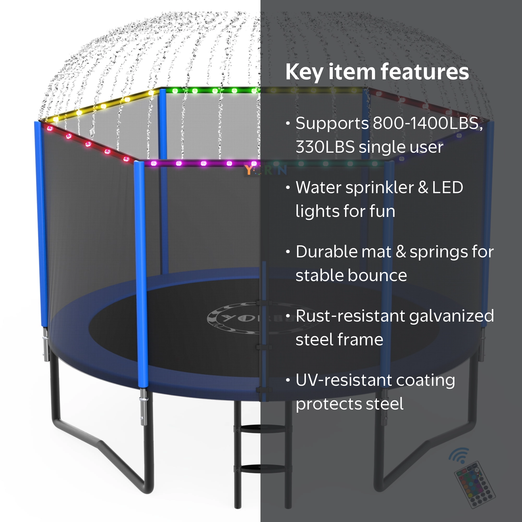 YORIN 8FT Outdoor Trampoline with Enclosure Net, Sprinkler and LED