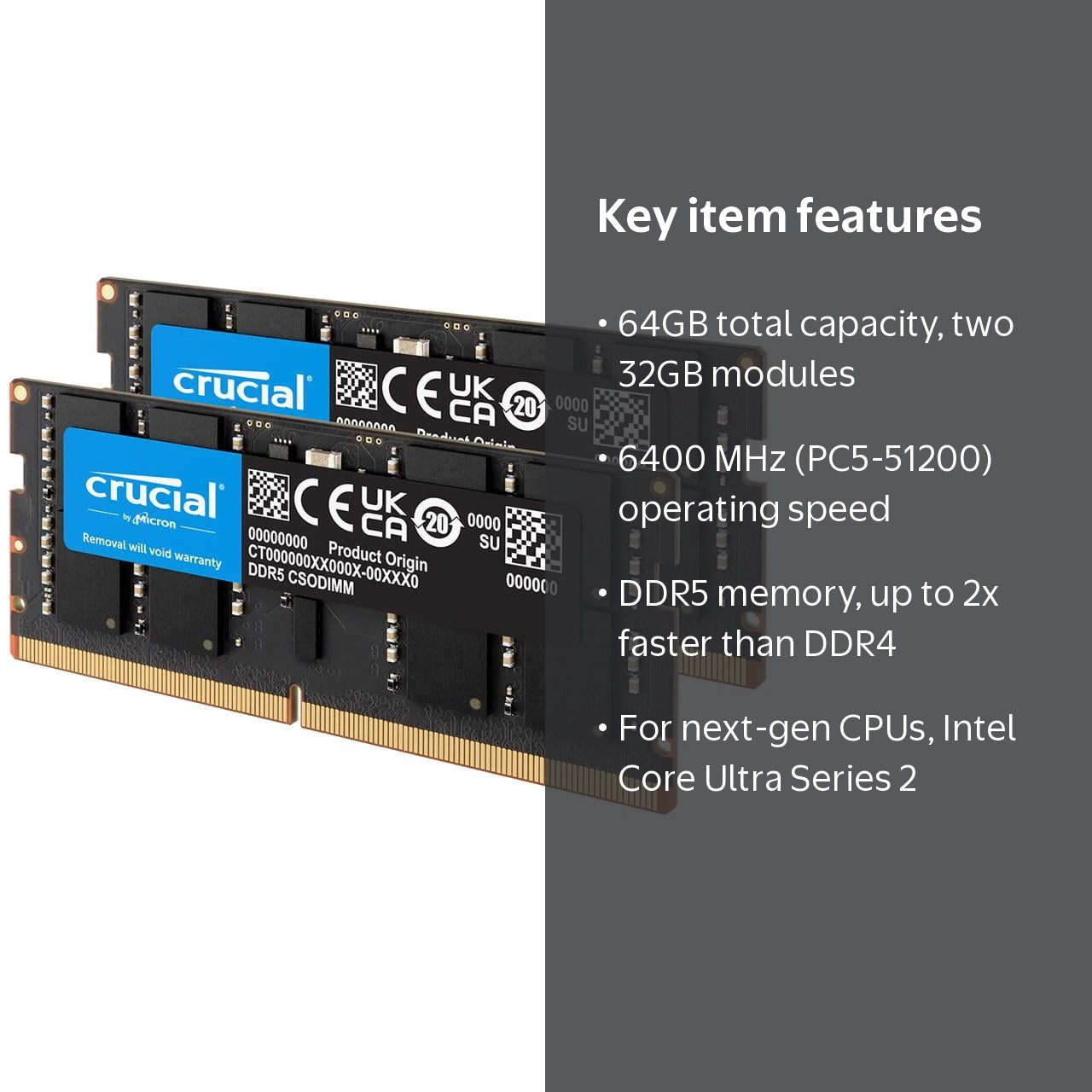 Crucial 64GB (2 x 32GB) 262-Pin DDR5 CSODIMM DDR5 6400 (PC5 51200