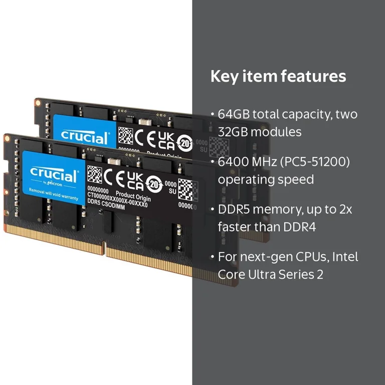 Crucial 64GB (2 x 32GB) 262-Pin DDR5 CSODIMM DDR5 6400 (PC5 51200