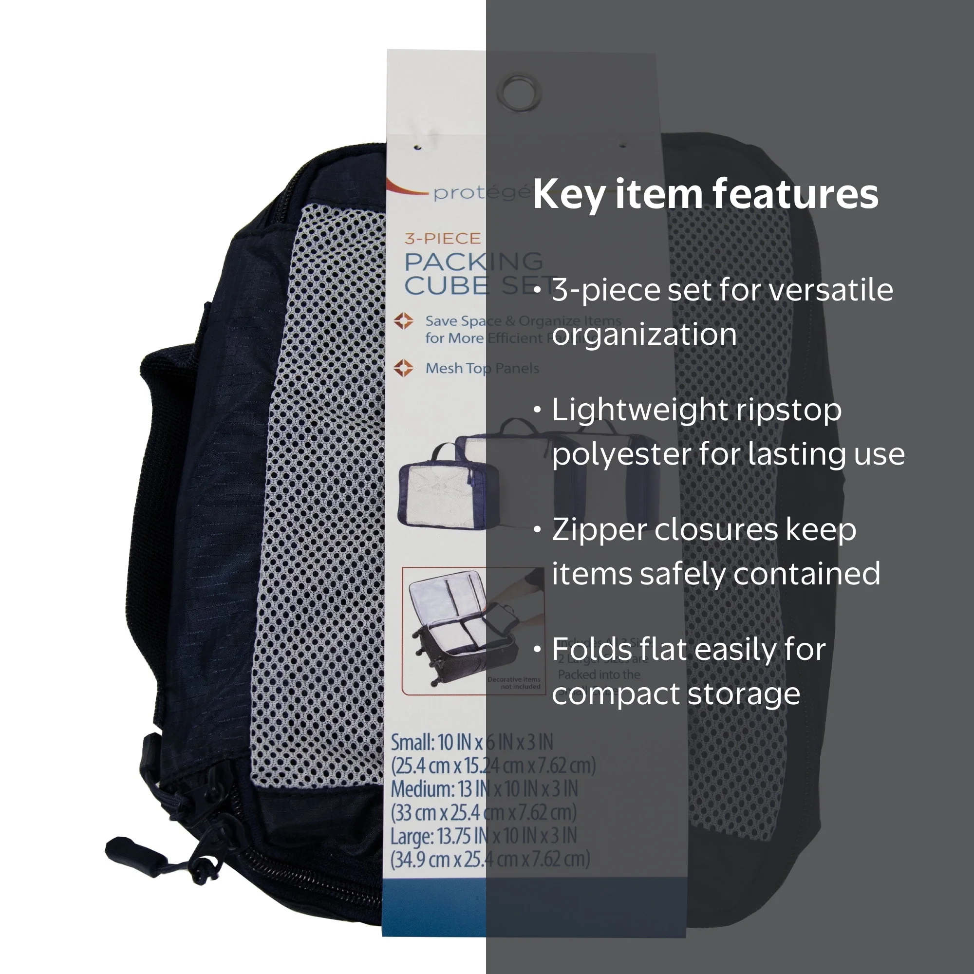 Protege Packing Cubes Set, Blue, 3 Sizes 10x6x3, 13x10x3, 13.75