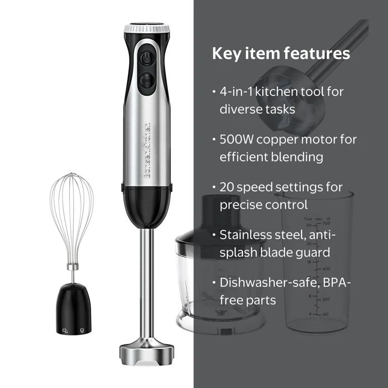 Bonsenkitchen Immersion Hand Blender 20-Speed Stainless Steel