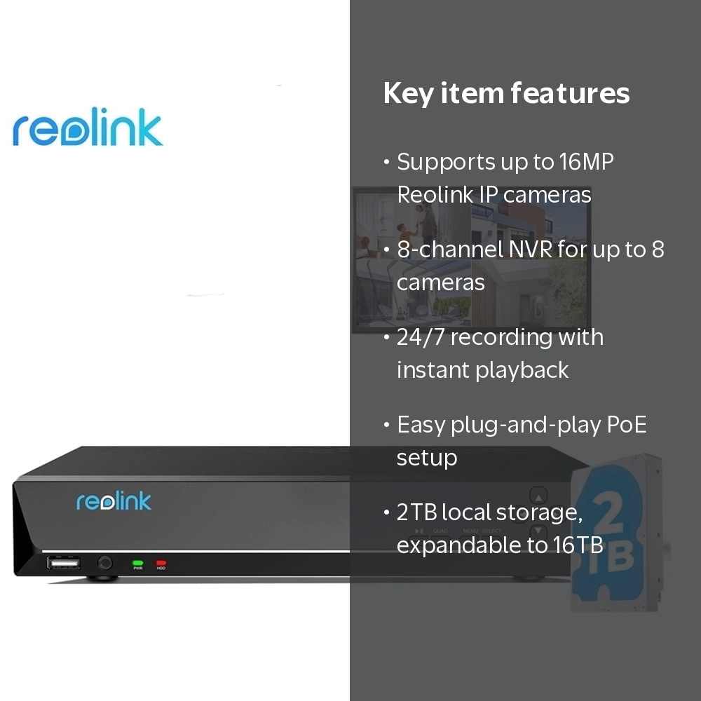 Reolink, 4K 8MP 8-Channel PoE NVR, 2TB HDD, 24/7 Recording