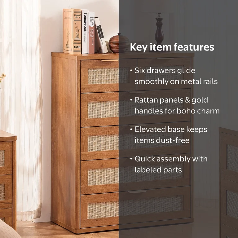 6 Drawer Tall Dressers, Rattan Dresser with Large Storage Space Boho Dressers & Chests of Drawer Wooden Dressers for Bedroom, Tea Brown