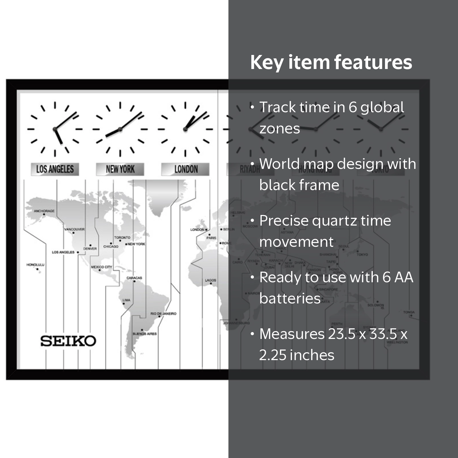 Seiko World's View Wall Map, 6 Time Zone Clocks, Quartz, Wooden