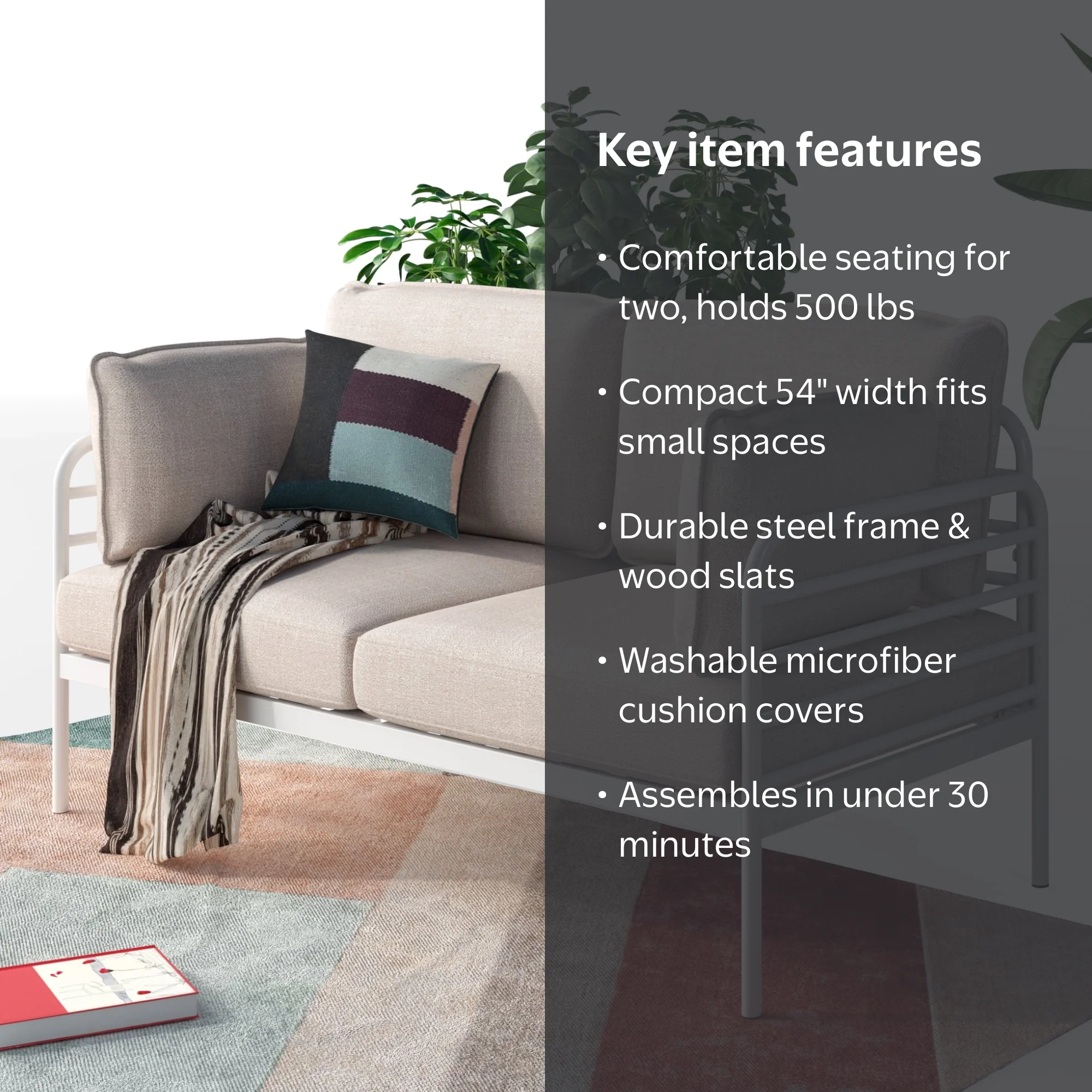 Zinus Ellen Metal Loveseat - Modern Design, 500 lbs Capacity