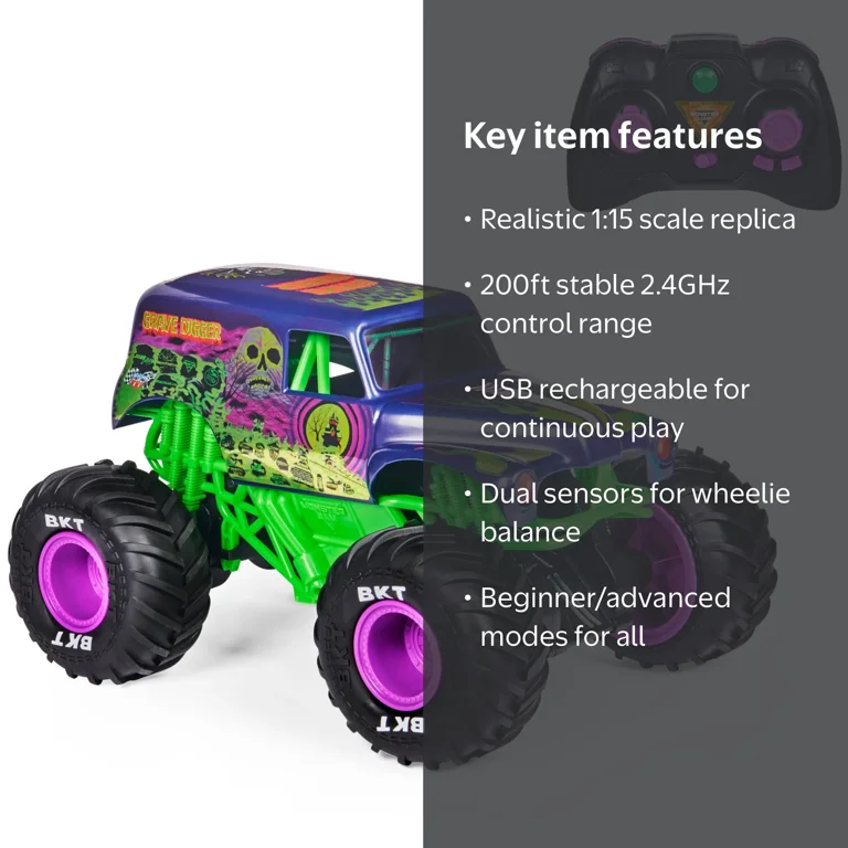 Monster Jam Grave Digger Freestyle Force Remote Control Car Toy, 1