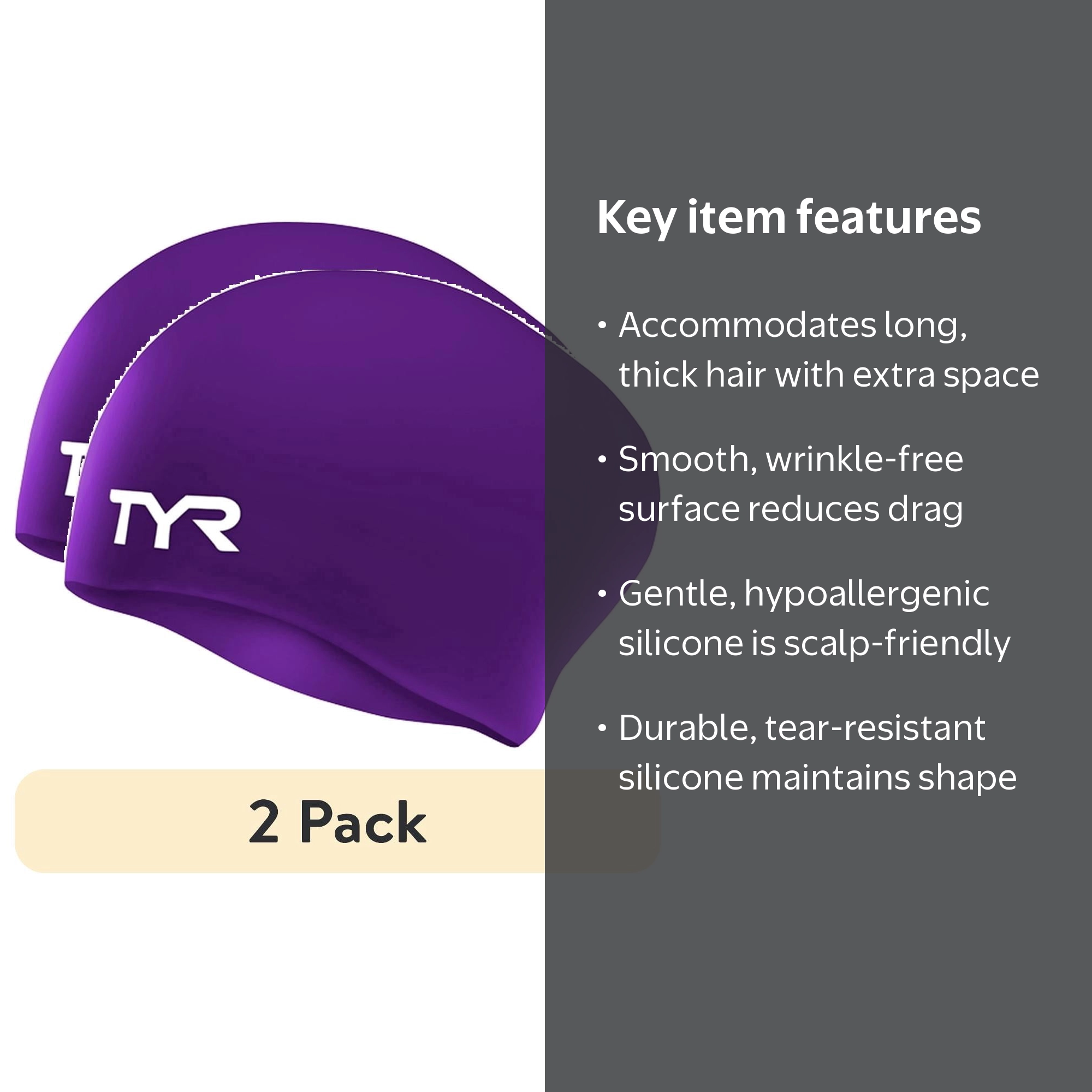 TYR Adult Wrinkle-Free Silicone Swim Cap for Long Hair, 2 Pack