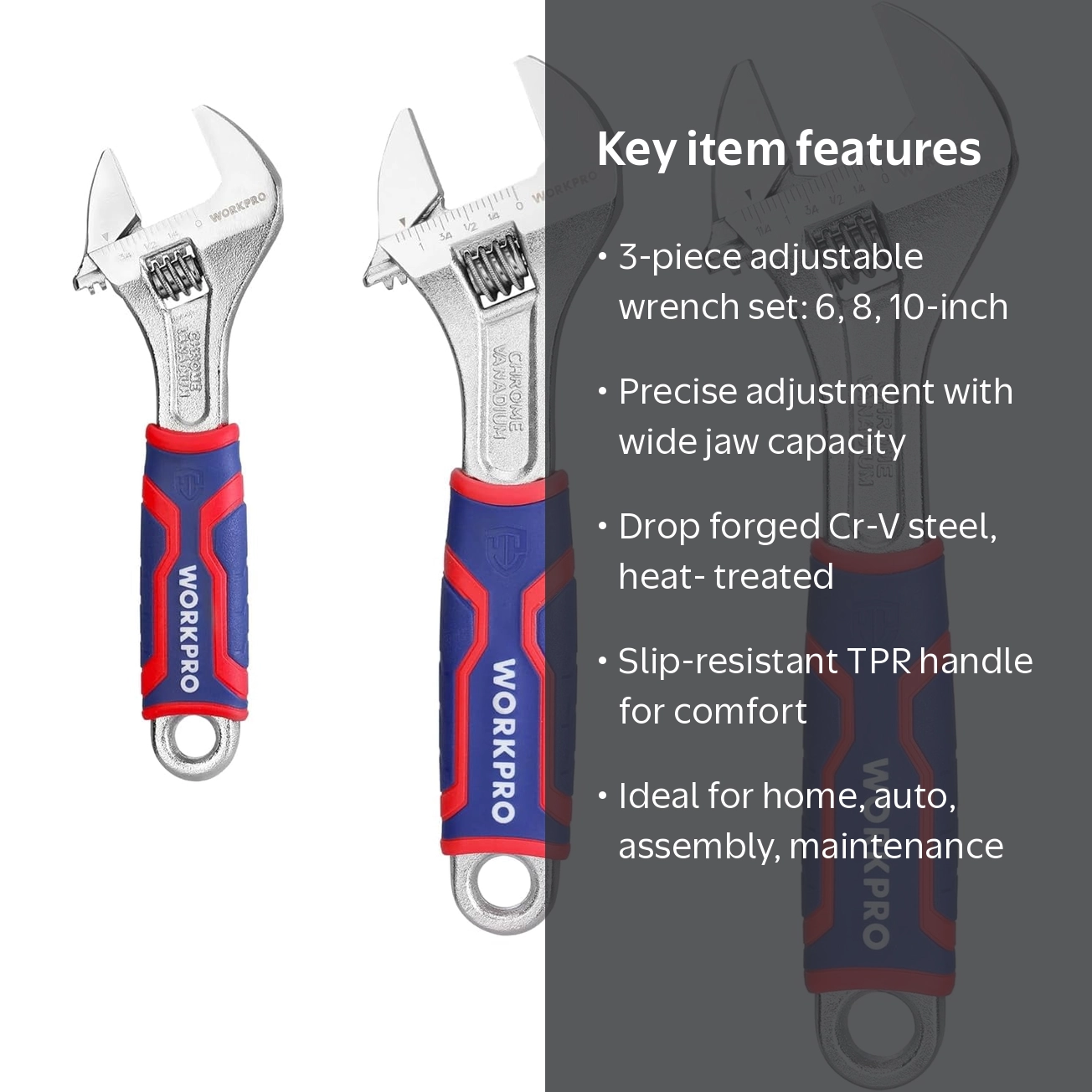 WORKPRO, Adjustable Wrench Set, 6-inch, 8-inch, 10-inch, Red