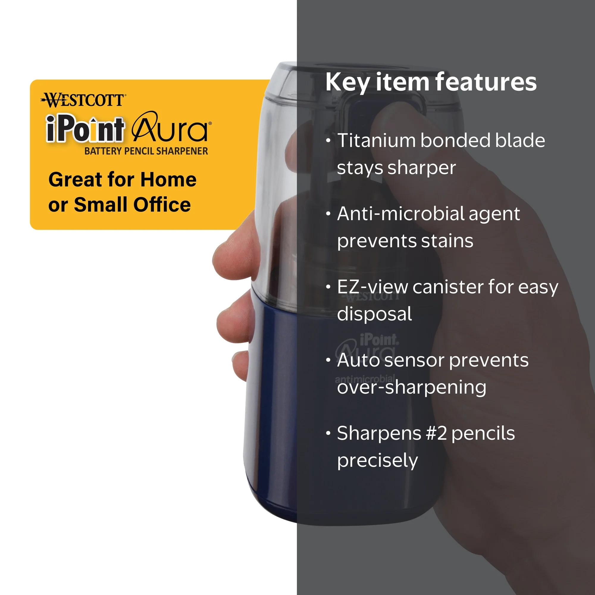 Westcott Aura Battery Pencil Sharpener, Titanium, Anti-Microbial