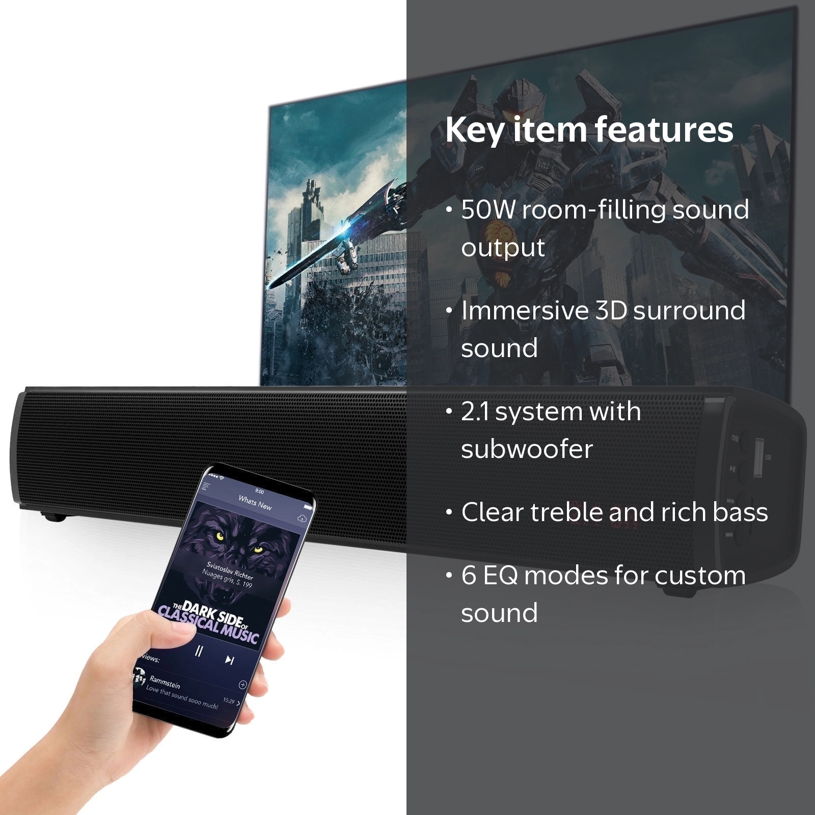 GCZ Sound Bar with Subwoofer, 50W Bluetooth, 3D Surround Sound