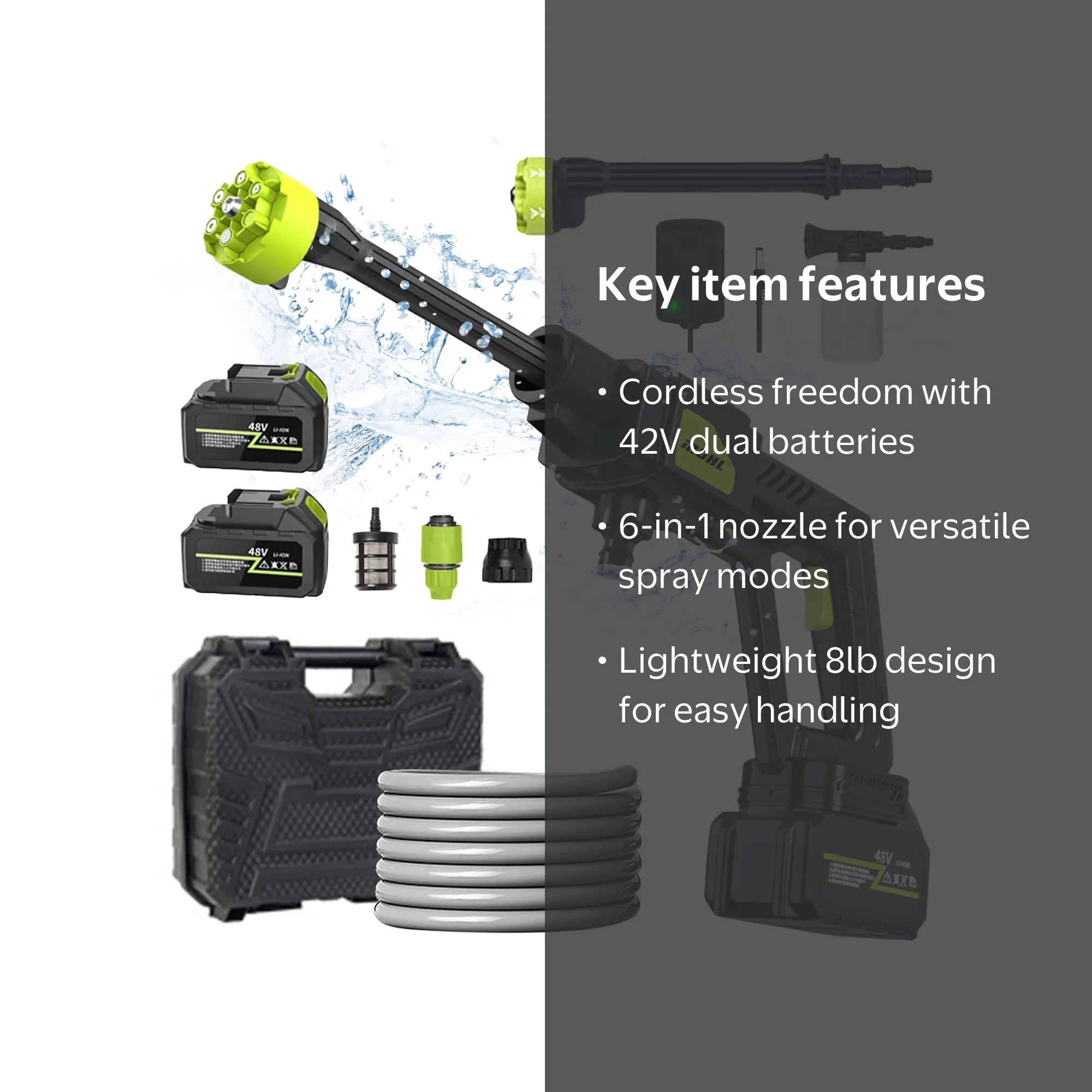 HDJ 42V Cordless Pressure Washer, 800 PSI, 2 Batteries, 6-in-1