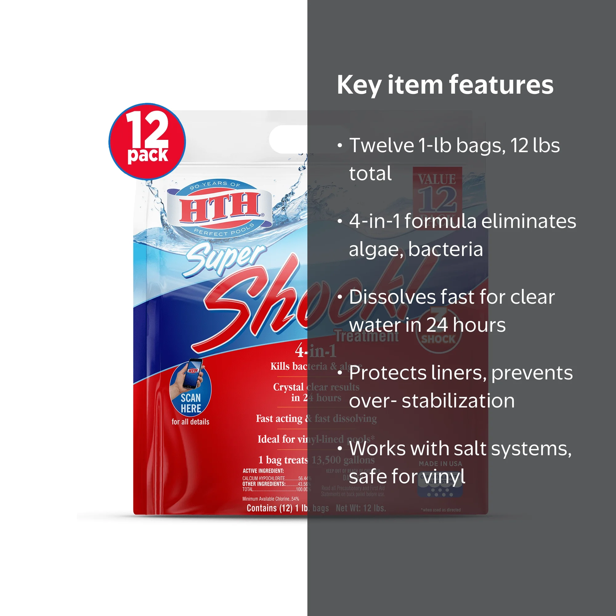 HTH Super Shock 4-in-1 Chlorine Swimming Pool Shock Treatment, 1