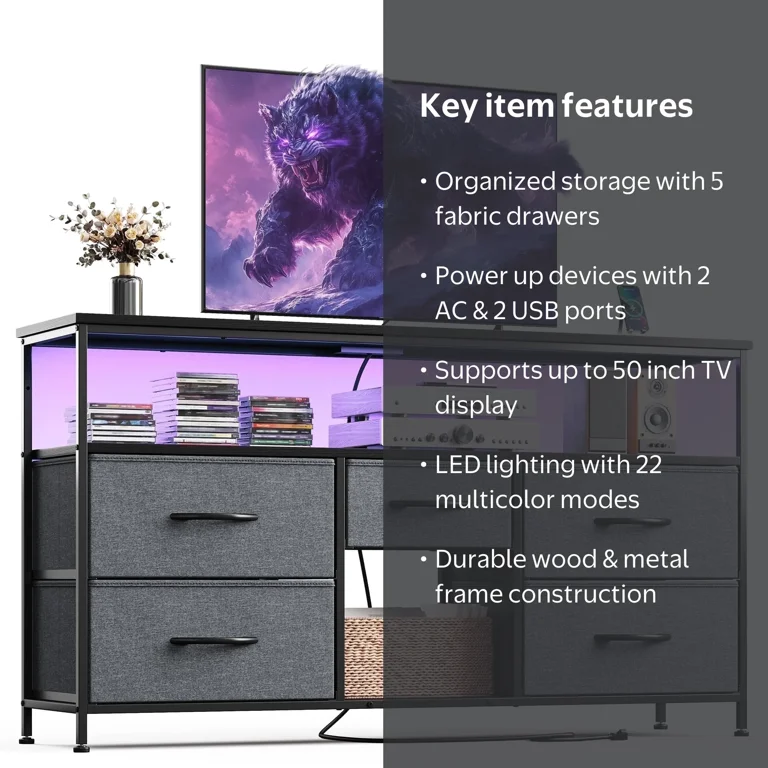 EnHomee, Wide Dresser with 5 Drawers, TV Stand for 50 Inch TV, Gray
