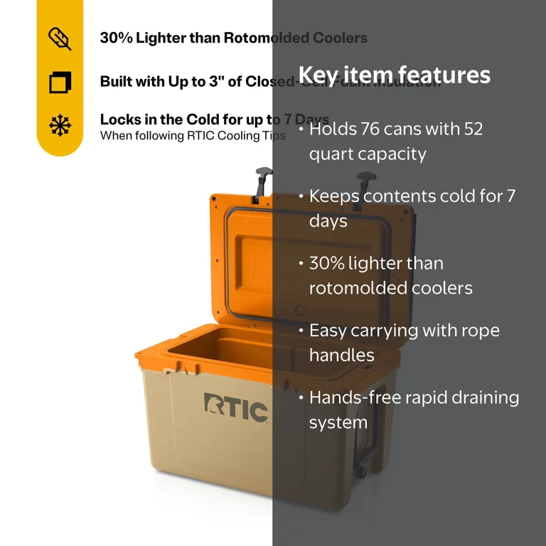 RTIC, Hard-Sided Ice Chest Cooler, 52 Qt, Fits 76 Cans - Walmart.com