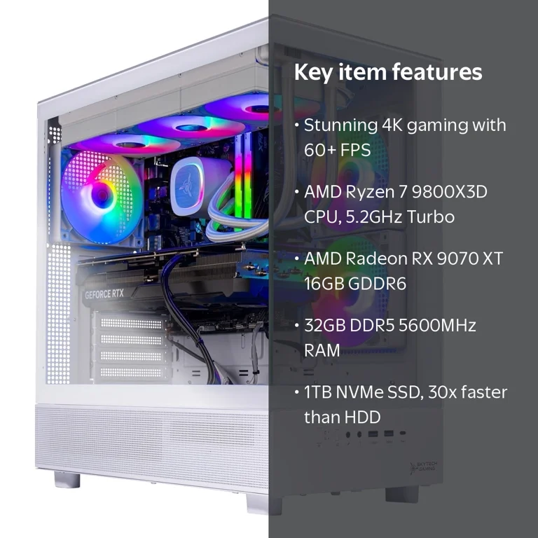 Skytech Gaming Azure 3 Gaming PC, AMD Ryzen 7 9800X3D 4.7GHz, AMD