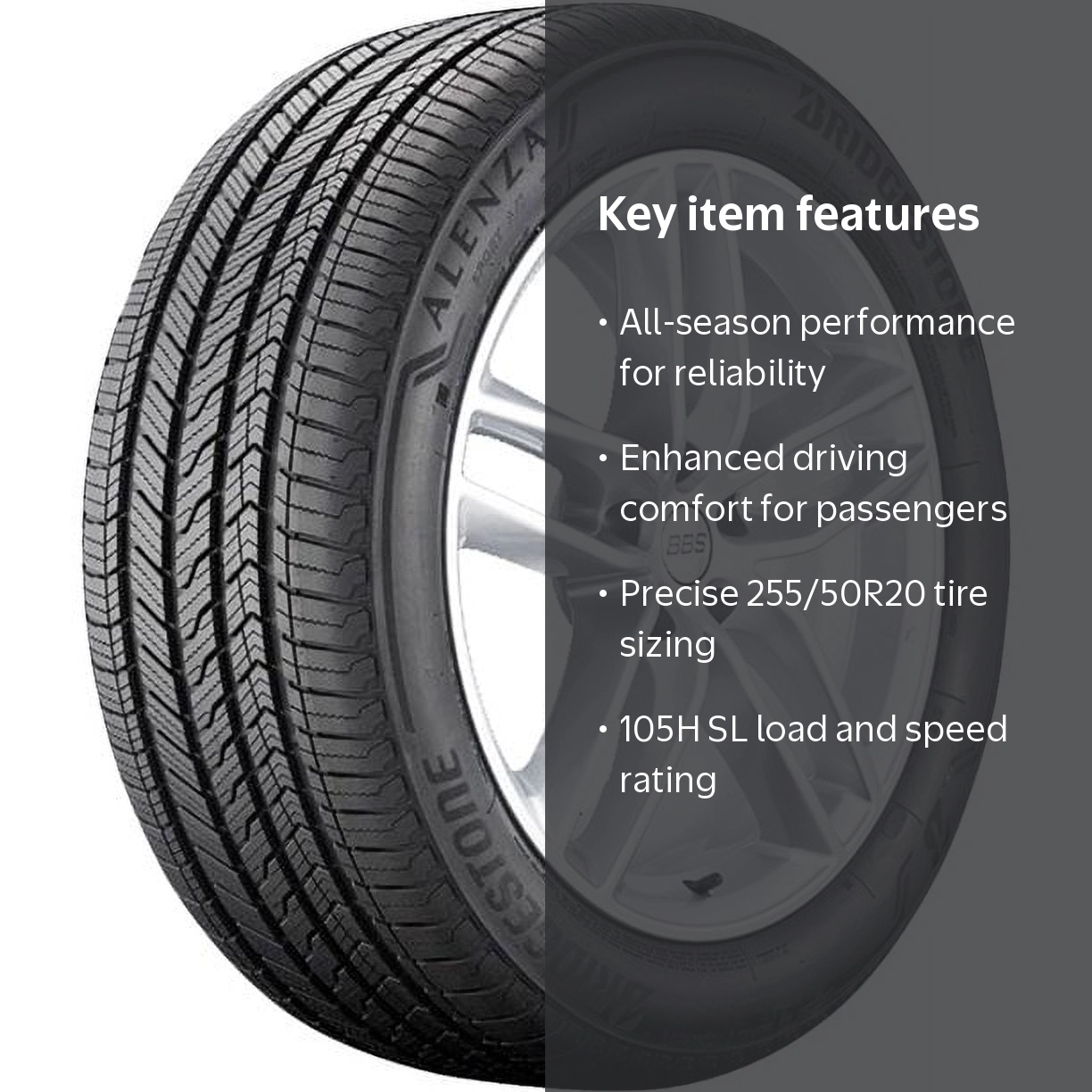 255/50R20 Bridgestone Alenza Sport A/S 105H SL Black Wall Tire