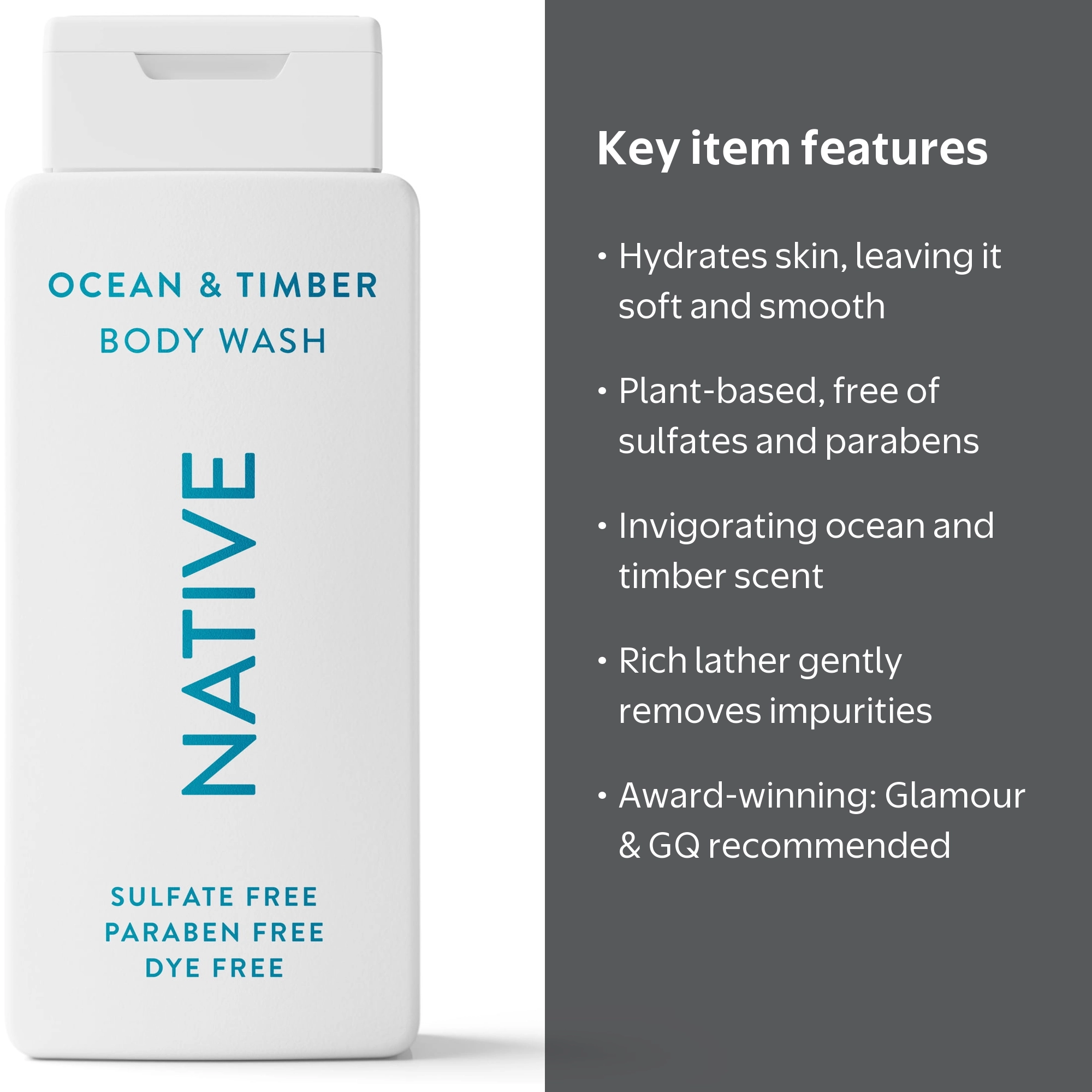Native Body Wash, Ocean & Timber, Sulfate Free, for Women & Men
