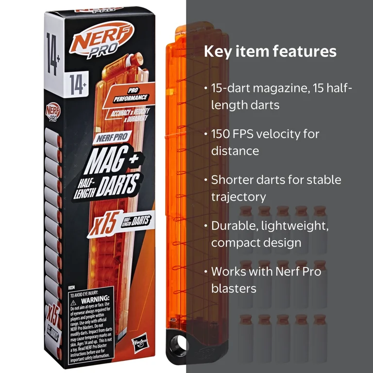 Nerf, Pro Half-Length Dart Magazine, 15 Darts, Ready to Reload