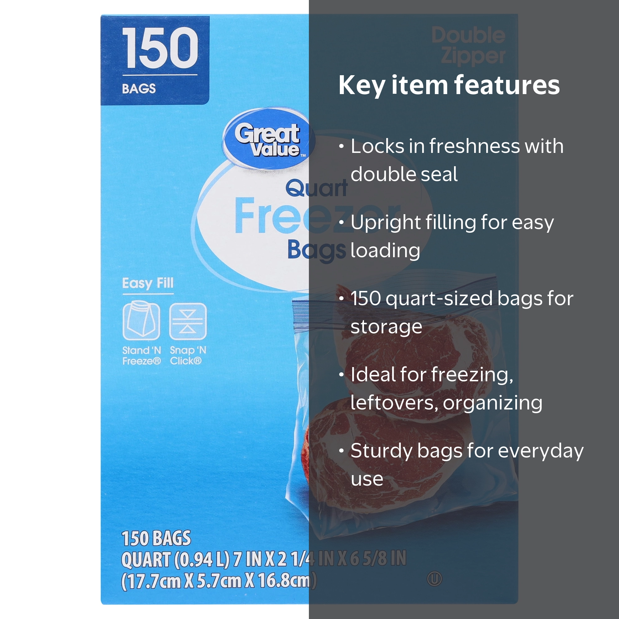 Great Value Double Zipper Quart Freezer Bag, 150 Count - Walmart.com