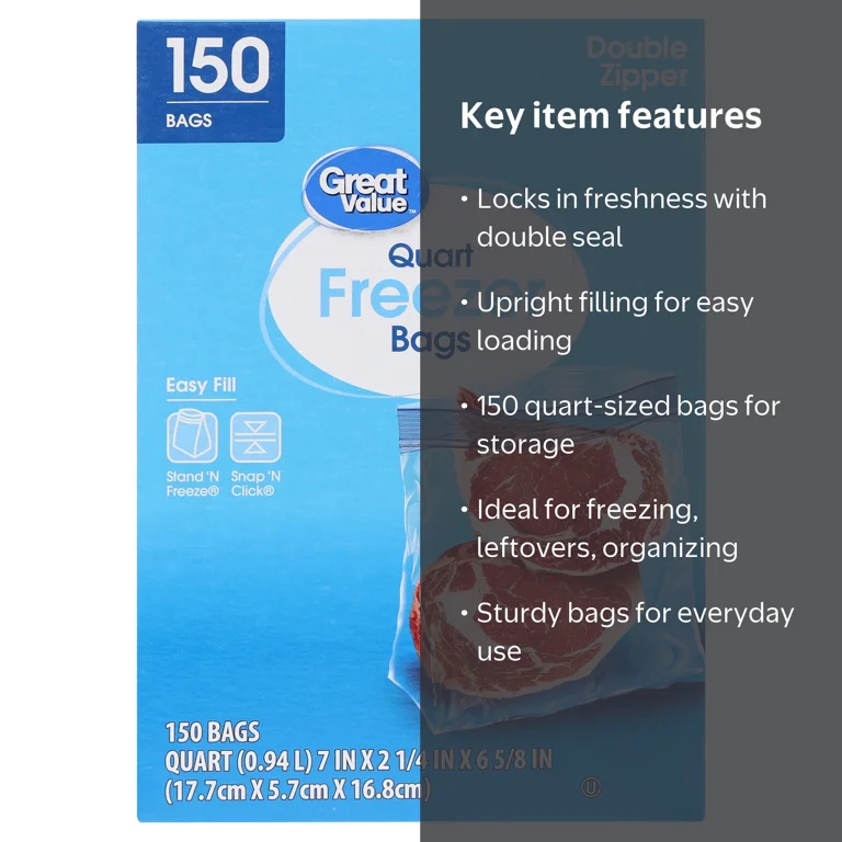 Great Value Double Zipper Quart Freezer Bag, 150 Count - Walmart.com