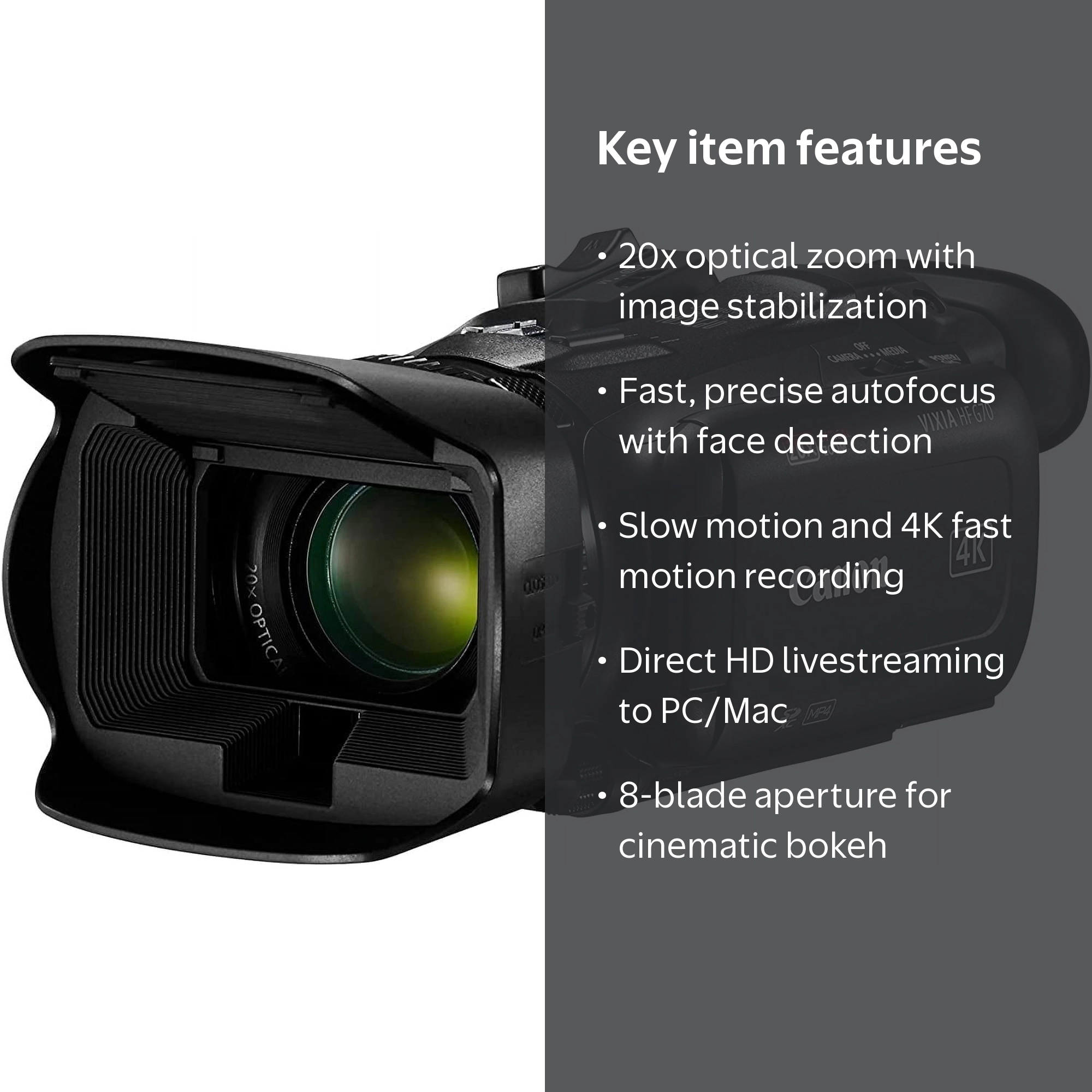 Canon, VIXIA HF G70 Camcorder, 4K UHD Video, 20x Optical Zoom